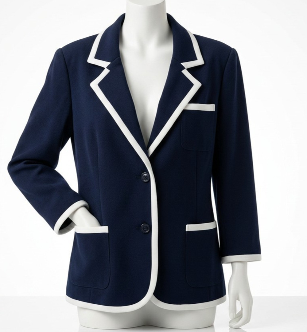 Laundry By Shelli Segal Navy White Trim Blazer Jacket Womens Knit Sz 14 Preppy
